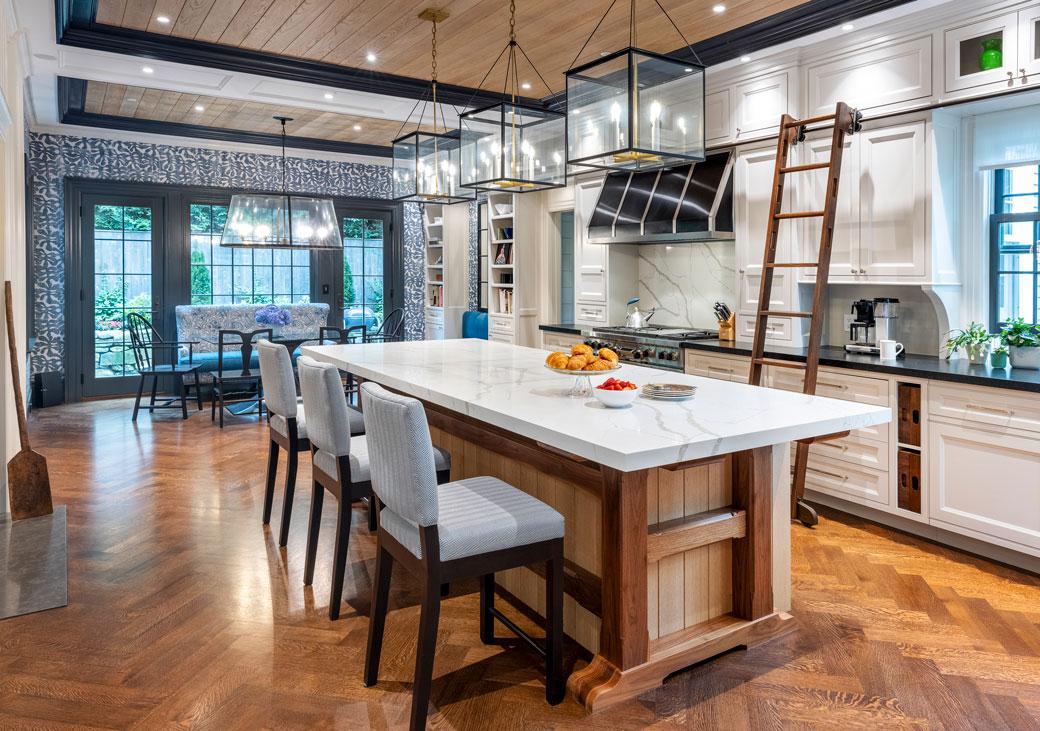 Farmhouse kitchen with big center island and wood ceiling